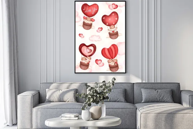 Plakat: Set of valentines teddy bear in hot air balloon