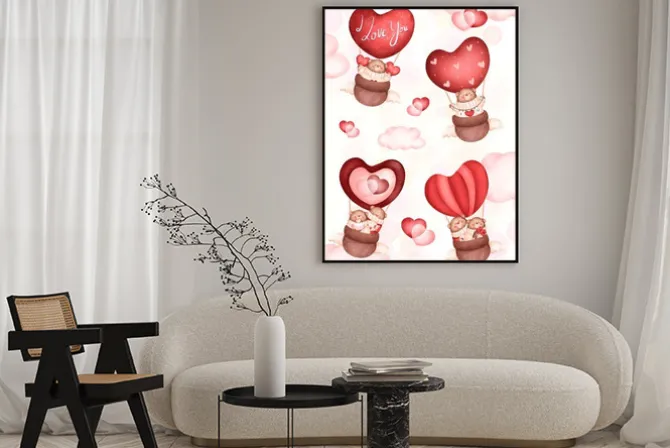 Plakat: Set of valentines teddy bear in hot air balloon