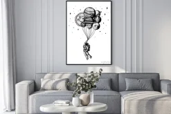 Plakat: Soaring spaceman. astronaut with planets. balloons in space.