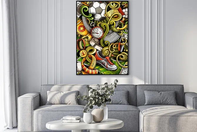 Plakat: Soccer hand drawn doodle banner. cartoon detailed illustrations.