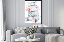 Plakat: Słodki hipopotam z kwiatem