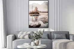 Plakat: Słoneczny poranek w górach z mgłą malowniczy pejzaż