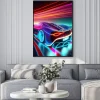 Plakat: Speeding sports car on neon highway. powerful acceleration of
