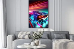 Plakat: Speeding sports car on neon highway. powerful acceleration of