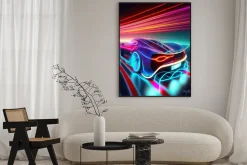 Plakat: Speeding sports car on neon highway. powerful acceleration of