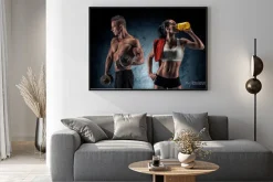 Plakat: Sportowe sylwetki kobiety i mężczyzny na siłowni