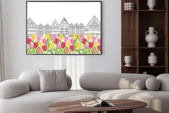 Plakat: Stare budynki i domy w amsterdamie z tulipanów kwiat alei.