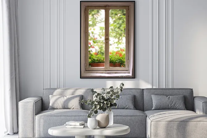 Plakat: Stare okno z widokiem na ogród