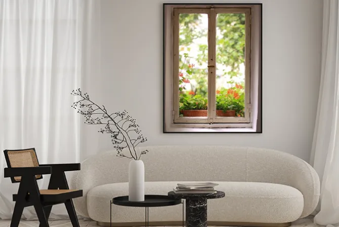 Plakat: Stare okno z widokiem na ogród