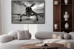 Plakat: Stary samolot w hangarze