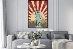 Plakat: Statua wolności na tle nowego jorku w stylu plakatu vintage