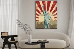 Plakat: Statua wolności na tle nowego jorku w stylu plakatu vintage