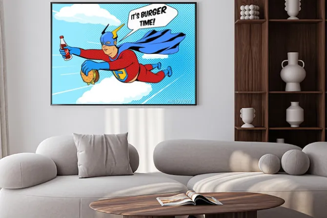 Plakat: Superhero grubas i burger komiks wektora