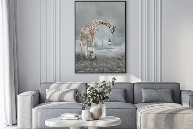 Plakat: Surrealistyczna ilustracja z żyrafą