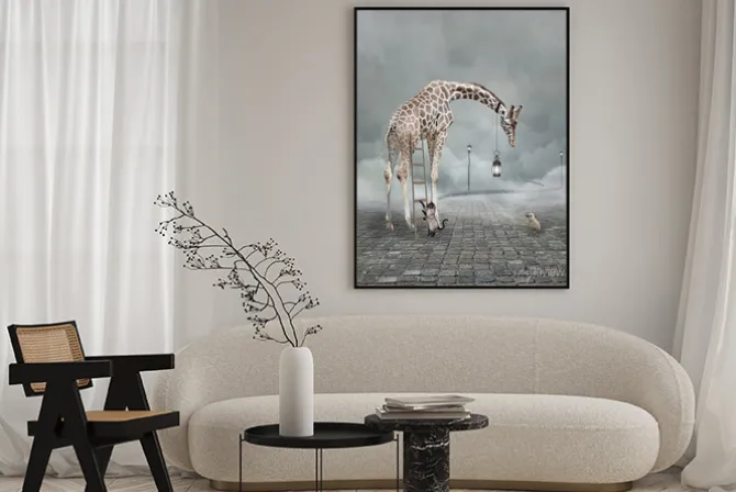 Plakat: Surrealistyczna ilustracja z żyrafą