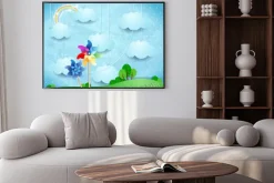 Plakat: Surrealistyczny krajobraz z pinwheels i wiszące chmury