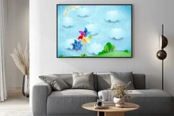 Plakat: Surrealistyczny krajobraz z pinwheels i wiszące chmury