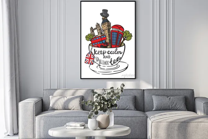 Plakat: Symbole wielkiej brytanii w kompozycji z filiżanką