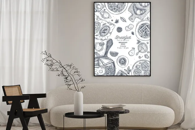 Plakat: Szablon projektu pionowe śniadanie widok z góry. różne tło żywności.