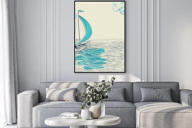 Plakat: Szkic żaglówki na wzburzonym morzu