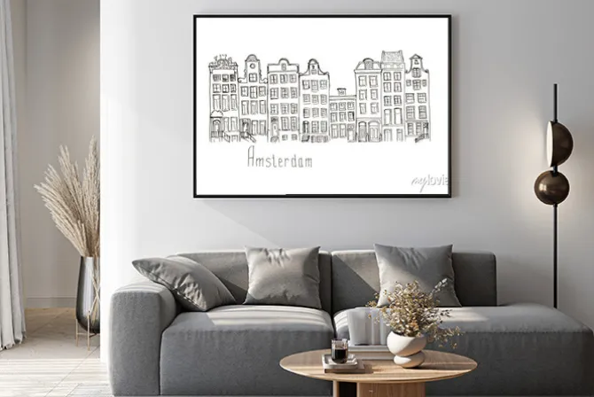 Plakat: Szkic holandia amsterdam domy izolowane literowanie