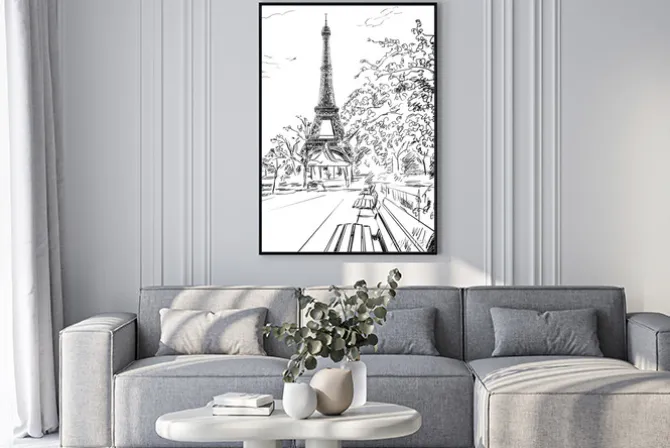 Plakat: Szkic z ławeczkami przy wieży eiffla