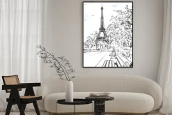 Plakat: Szkic z ławeczkami przy wieży eiffla