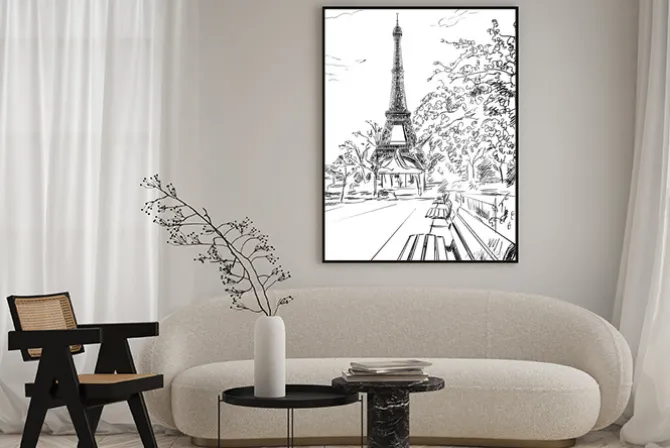 Plakat: Szkic z ławeczkami przy wieży eiffla