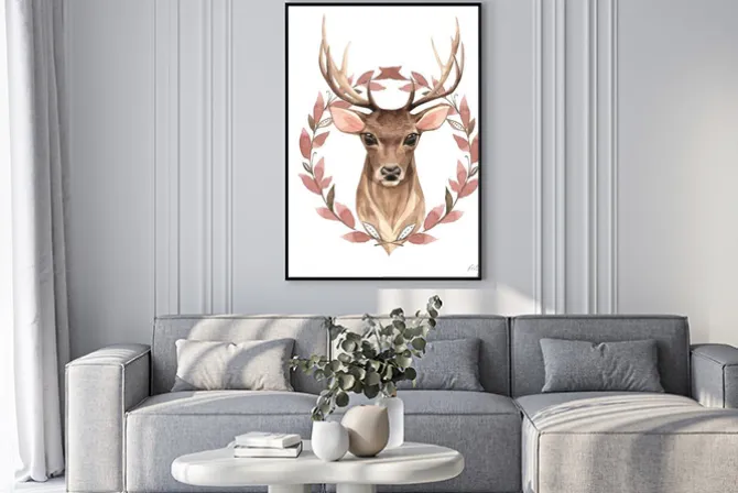 Plakat: Szlachetny jeleń z brązowym wieńcem. akwarela ilustracja