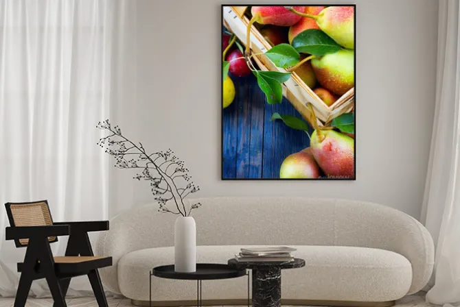 Plakat: Sztuka abstrakcyjna owoców na tle drewniane