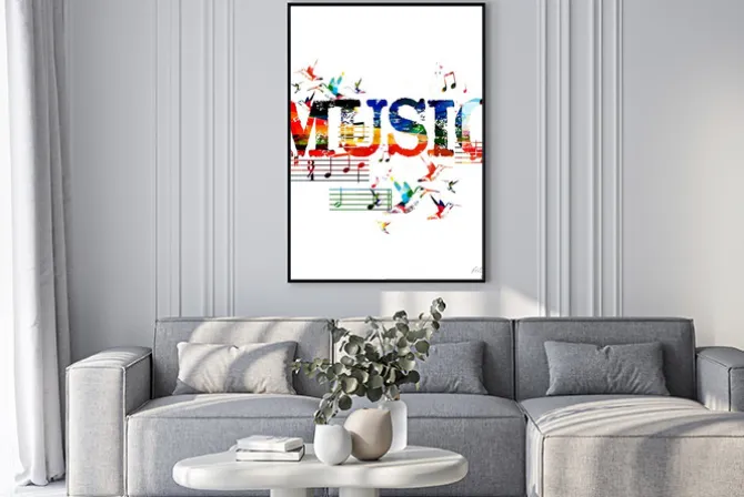 Plakat: Tło muzyczne z kolorowym napisem