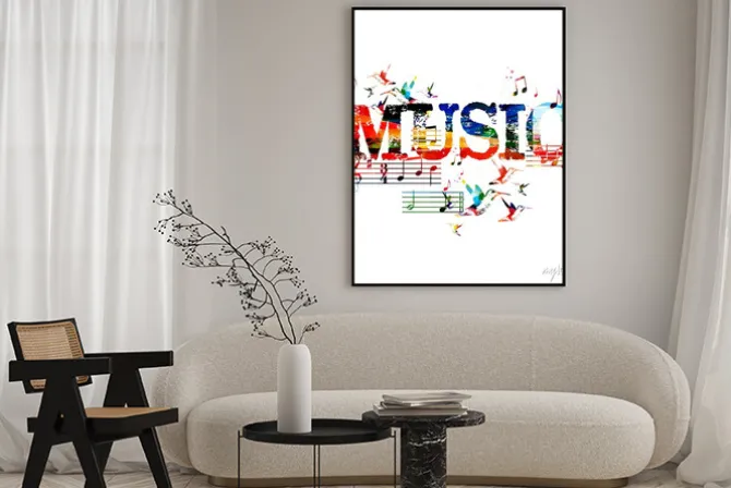 Plakat: Tło muzyczne z kolorowym napisem