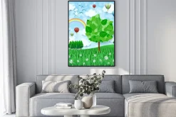 Plakat: Tło wiosna z wielkim drzewa i balonów na ogrzane powietrze