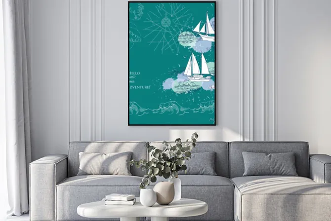 Plakat: Tło z okrętów i waves.hand poprowadzoną morze, fale i jachtów.