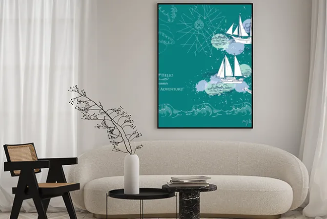 Plakat: Tło z okrętów i waves.hand poprowadzoną morze, fale i jachtów.