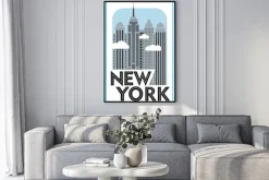 Plakat: Tourist poster new york. retro grafica. skyscrapers and clouds.