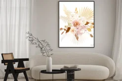 Plakat: Trendy dried palm leaves, blush pink rose, pale protea, white