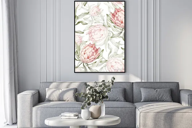 Plakat: Tropikalne kwiaty protea w pastelowych barwach