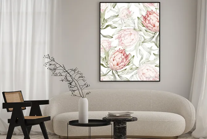 Plakat: Tropikalne kwiaty protea w pastelowych barwach