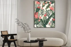 Plakat: Tropikalny wzór z papugami i kwiatami frangipani