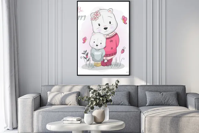 Plakat: Two cute cartoon bears in flower field