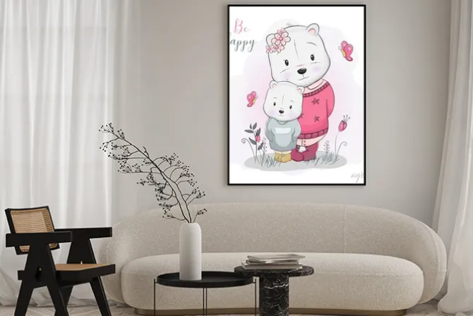 Plakat: Two cute cartoon bears in flower field