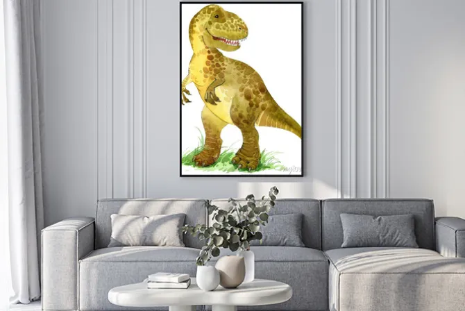 Plakat: Uśmiechnięty t rex akwarela