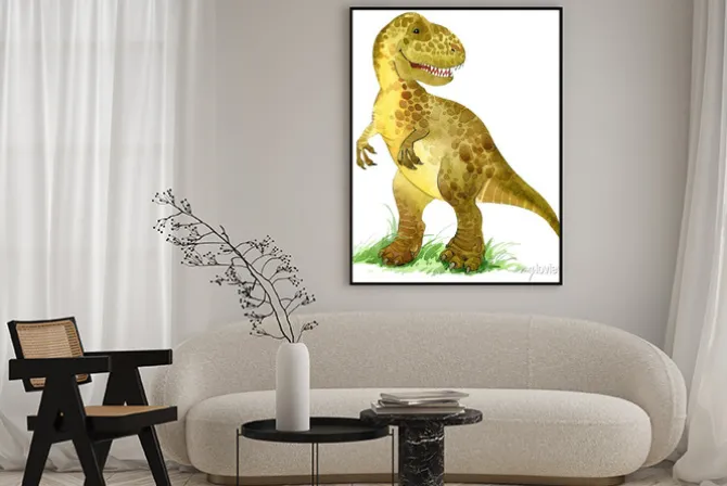 Plakat: Uśmiechnięty t rex akwarela