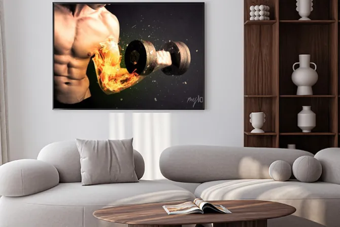Plakat: Umięśniony mężczyzna dźwigający sztangę