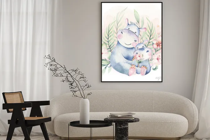 Plakat: Urocze hipopotamy malowane akwarelą