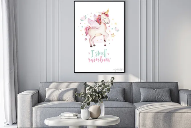 Plakat: Uroczy jednorożec wśród serduszek i gwiazdek dla dzieci