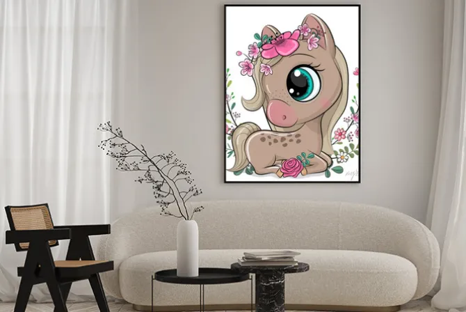 Plakat: Uroczy konik wśród kwiatów