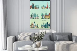 Plakat: Ustawić miasta skylines. vector płaskie krajobrazy. widoki miast