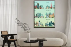 Plakat: Ustawić miasta skylines. vector płaskie krajobrazy. widoki miast